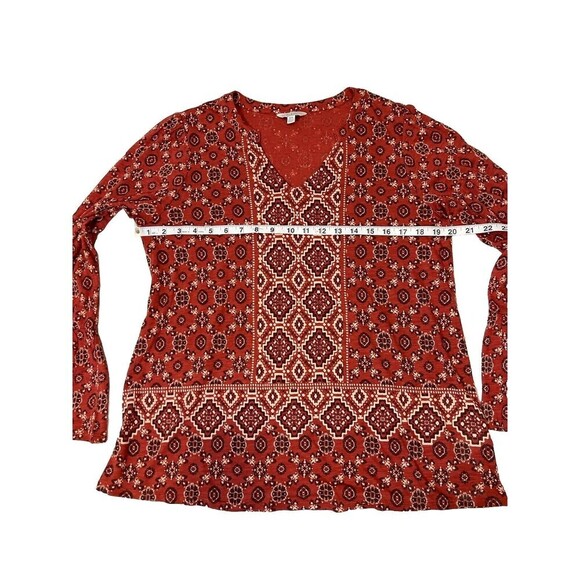 Lucky Brand Boho Bell Sleeve Top Rust Geometric Pattern V-neck Blouse Women Med - Picture 4 of 9